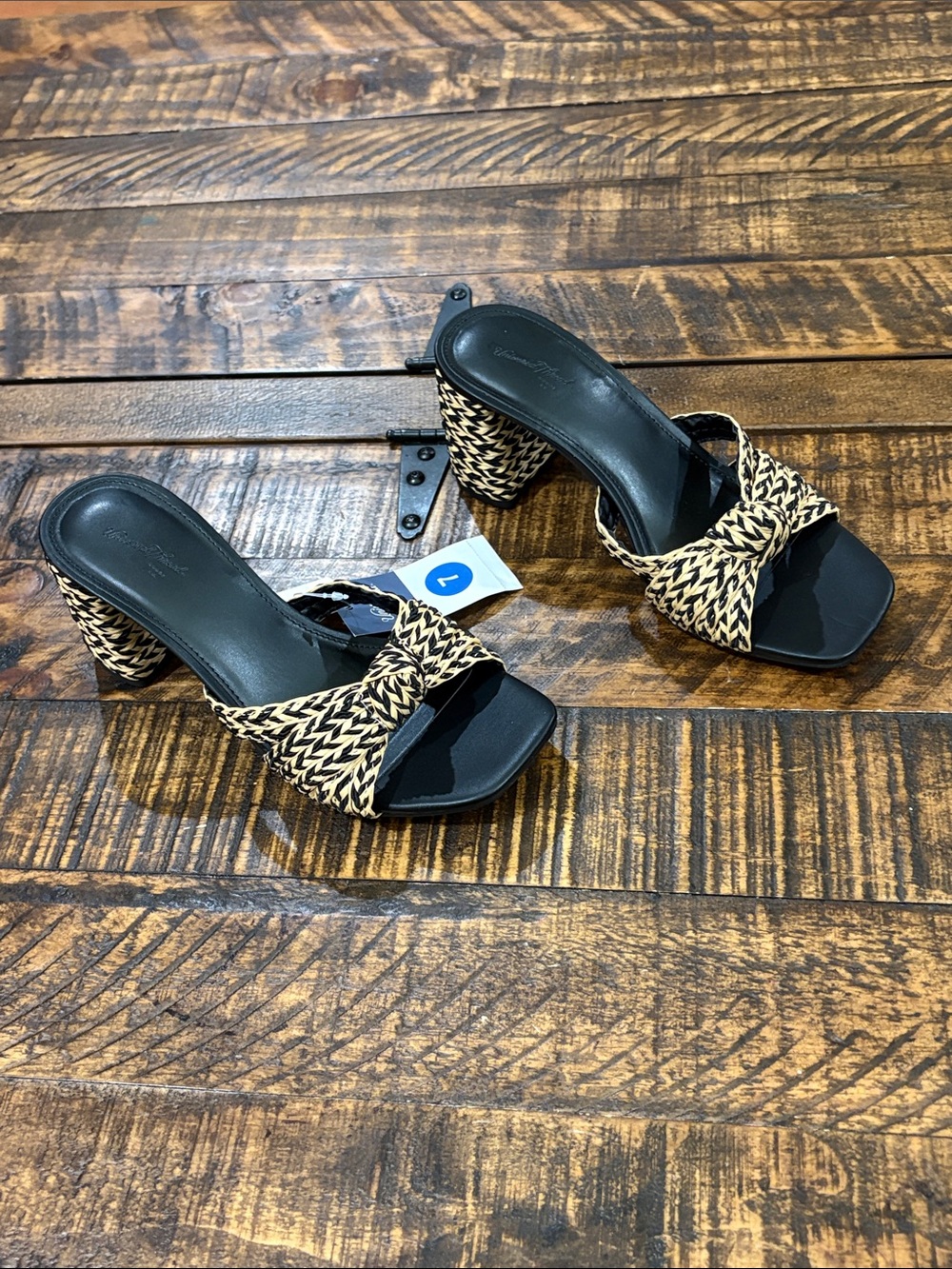 Woven Knot-Front Slide Heels in Black and Tan